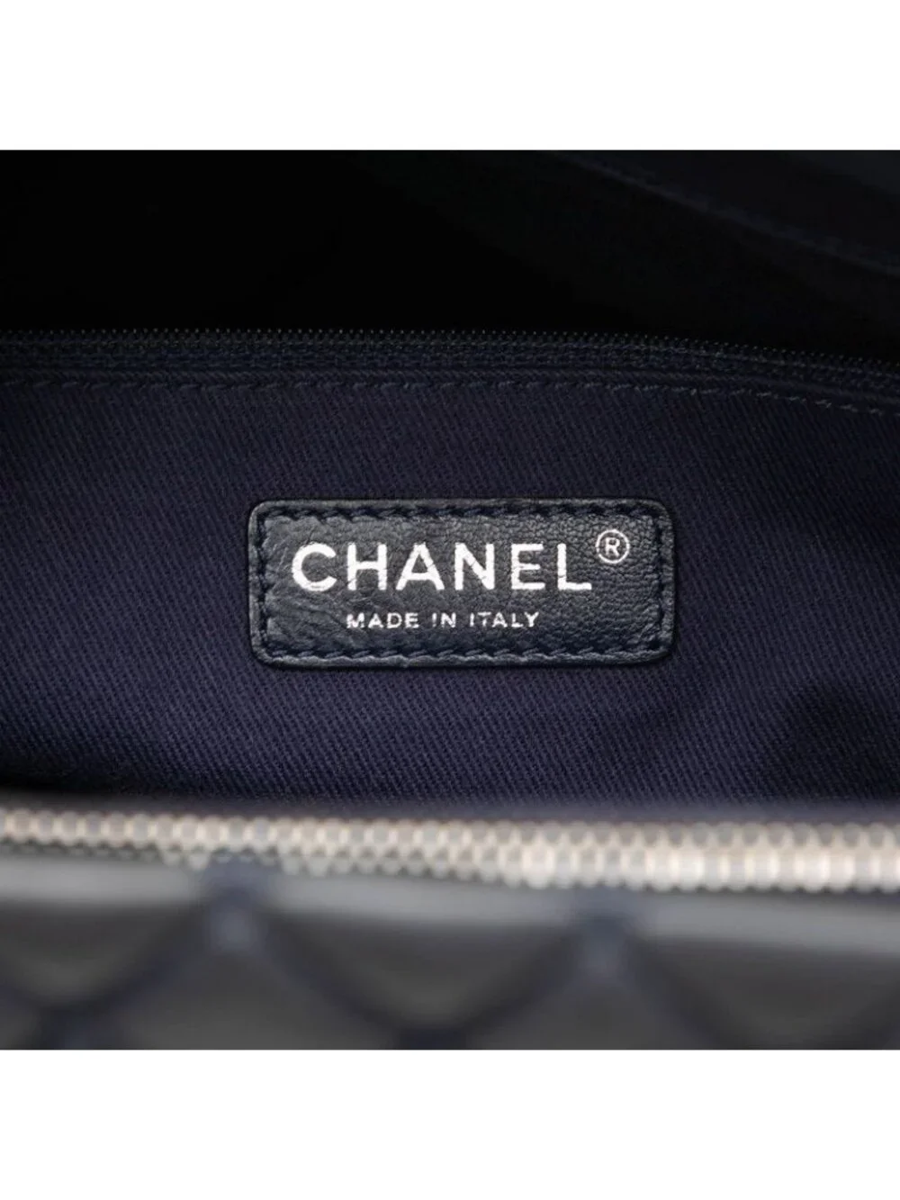 Chanel Quilted Chain Tote Shoulder Bag Navy Silver Leather